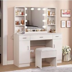 😀 Makeup Vanity Desk with Lights, 3 Lighting Colors, White Vanity Set Makeup Table with 3 Drawers, 2 Cabinets and Multiple Shelves, Large Vanity 45.2