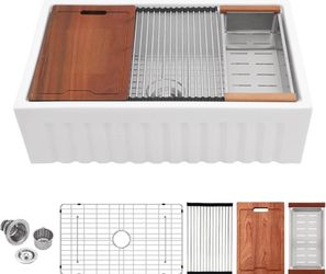 Logmey 33" White Fireclay Farmhouse Workstation Sink,33x20x10 All in One Durable Ceramic Apron Front