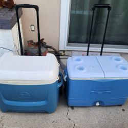 2 Big Rolling Coolers igloo and Rubbermaid, ice chest, cup holders, half lid for easy access