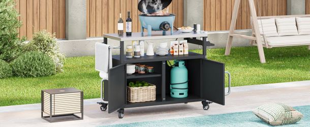 K&K 54.5 Outdoor Kitchen Island with Stainless Steel Tabletop, Metal Grill Cart Table with Storage Cabinet, Spice Rack and Towel Rack, Outdoor Bar Car