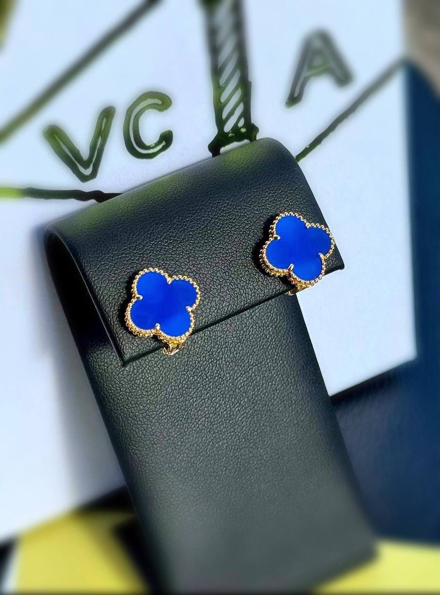 18k yellow gold Van Cleef style Alhambra Blue Agate stone clover clip back earrings