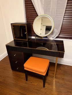 Black and Gold Vanity Desk with Mirror and Stool