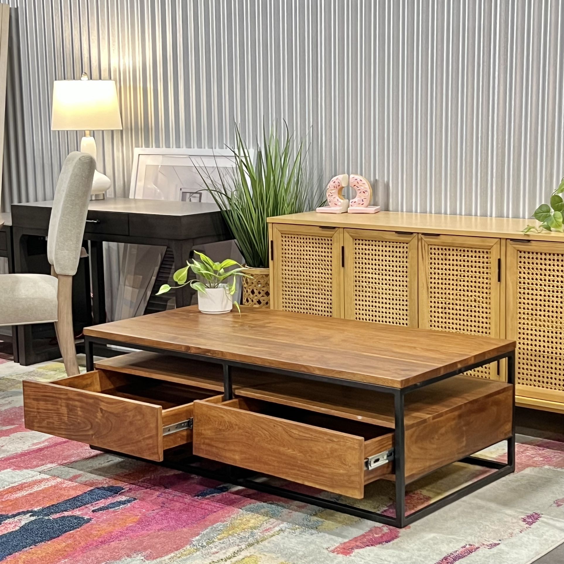 Brand New Open Box Moe’s Home Solid Acacia Vancouver Storage Coffee Table | MSRP 1,499+tax | Luxury Staging Furniture Designer Warehouse Sale