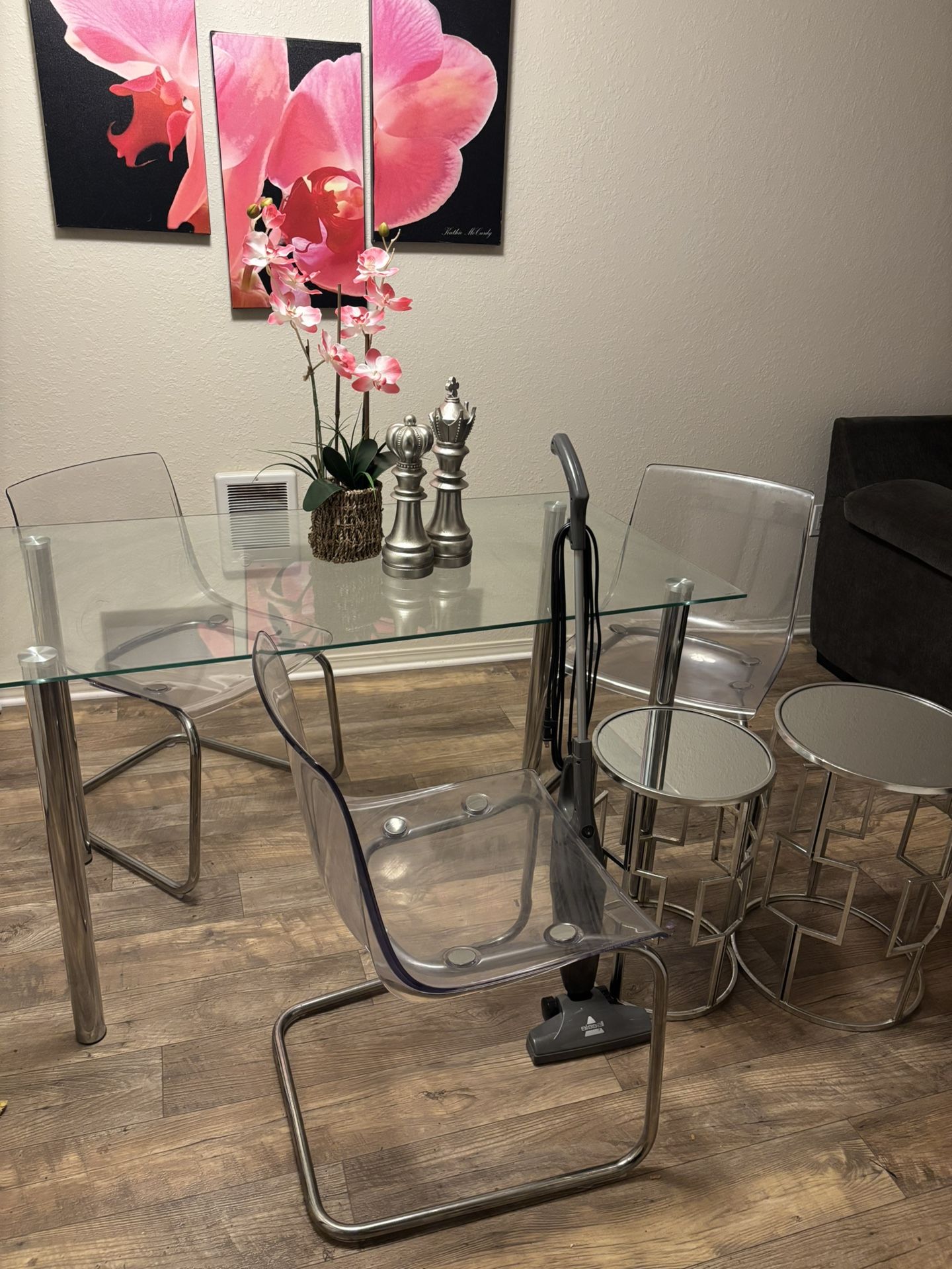 Glass Dinning room Table, Wall Art, Chairs, End Tables And Mini Vacuum