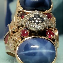 18k Gold Ring, Blue Star Sapphire, Red Rubies