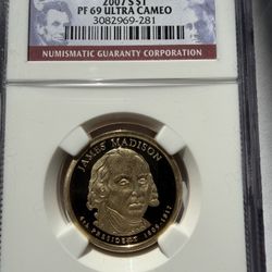 2007-S James Madison $1 – PF69 Ultra Cameo – Fourth U.S. President – High-Grade Proof Coin