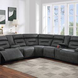 Gray Leatherette Motion Electric Sectional Sofa 