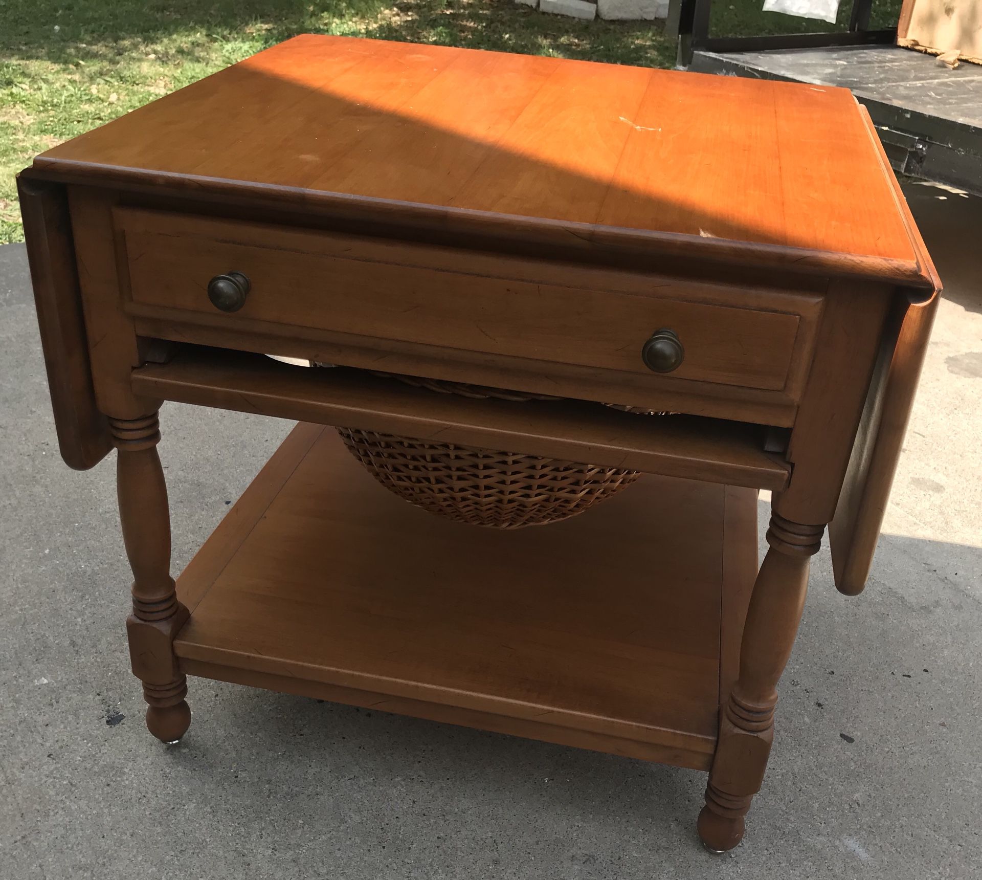 Vintage Conant Ball Accent Table / Side Table with Drop Leaf Sides and Storage Basket
