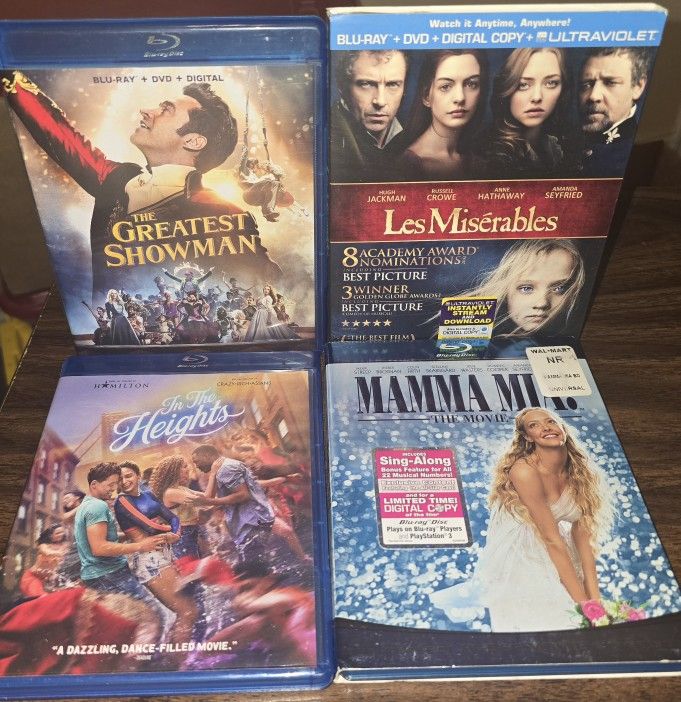4 Blu-ray Musicals LOT Miserables [sealed]/Mamma Mia/Heights/Greatest Showman