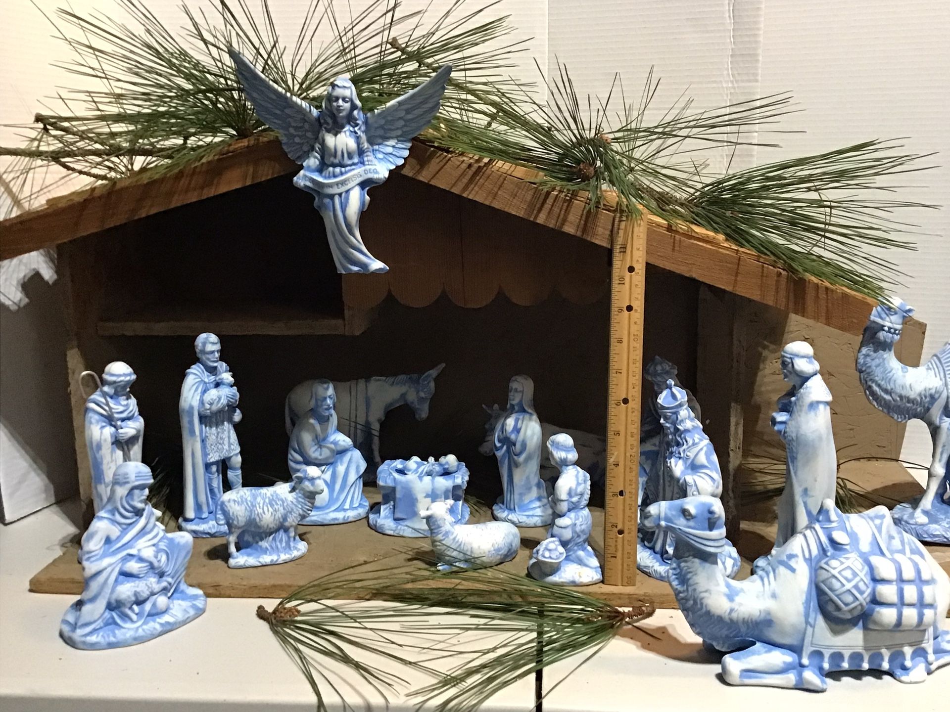 Vintage Large Holland Mold Ceramic Blue Bisque Nativity 18 Pc. Set