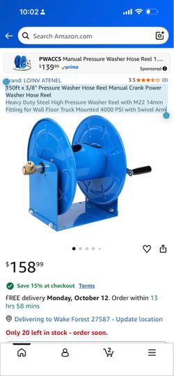 150ft x 3/8" Pressure Washer Hose Reel Manual Crank Power Washer Hose Reel Heavy Duty Steel High Pressure Washer Reel with M22 14mm Fitting for Wall F