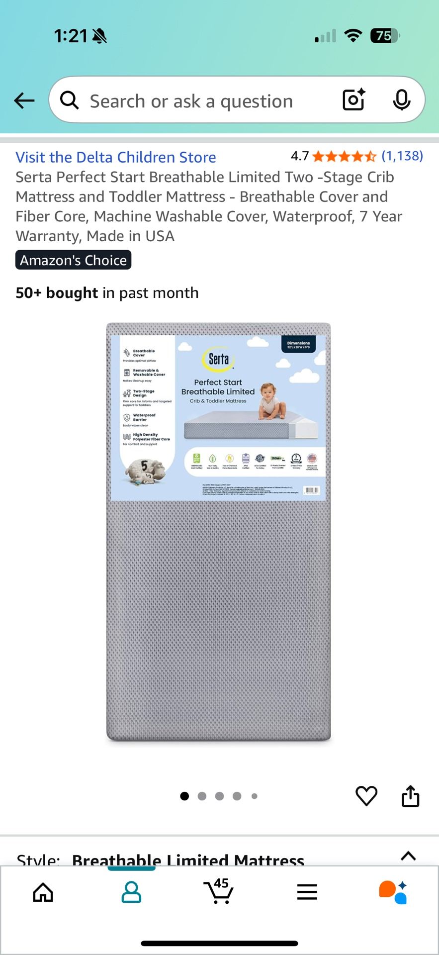 Serta Perfect Start Breathable Limited Two -Stage Crib Mattress and Toddler Mattress - Breathable Cover and Fiber Core, Machine Washable Cover, Waterp