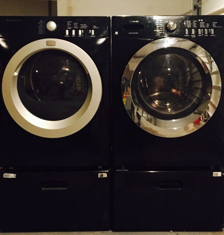 Black Frigidaire Affinity Front Load Washer & Dryer with Pedestals for