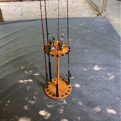 Fishing Lot- 4 Poles, 3 Reels, Stand For Poles