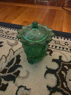 Green Depression Glass Lidded Candy Jar