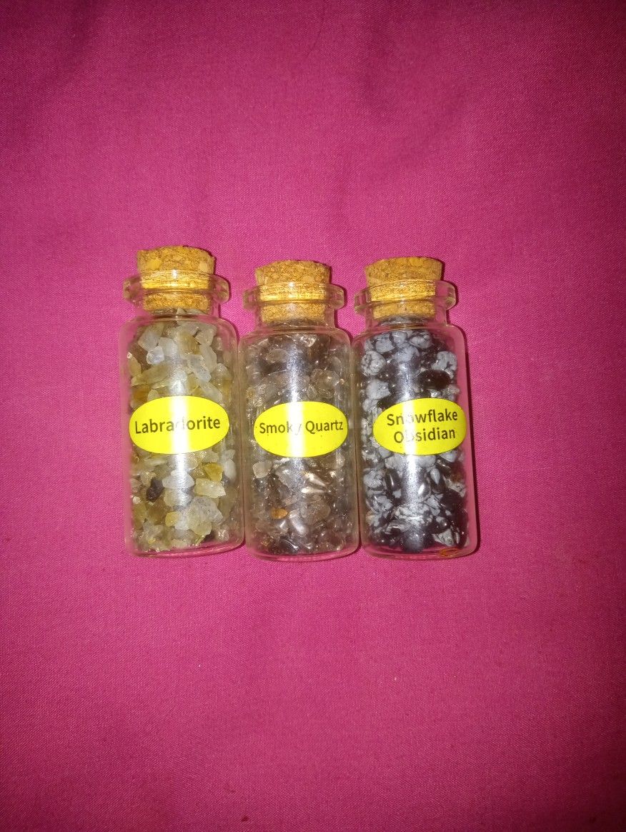 Small Jars Of Labradorite, Snowflake Obsidian And Smokey Quartz