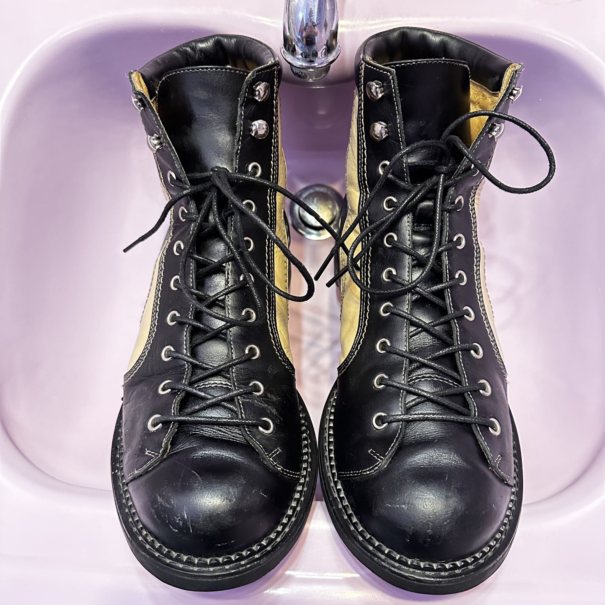 John Fluevog Racer Boots, Black & Cream, 11