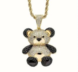 Exquisite Micro Pave 14K Gold Plated Cubic Zirconia Little Bear Pendant with Rope Chain Necklace