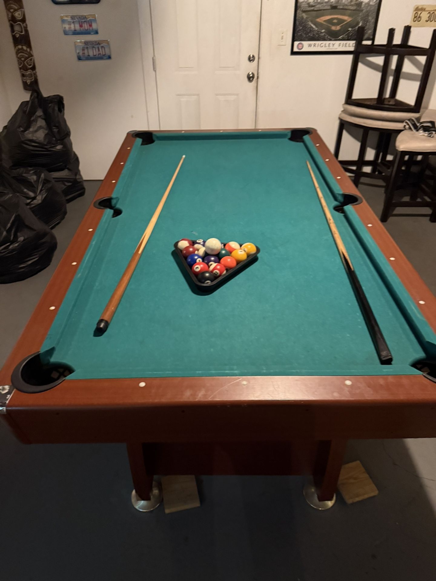 Pool Table With Sticks And Rack and 2Piece Weight Bench With Weights