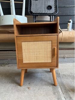 Wooden Nightstand with Rattan Door