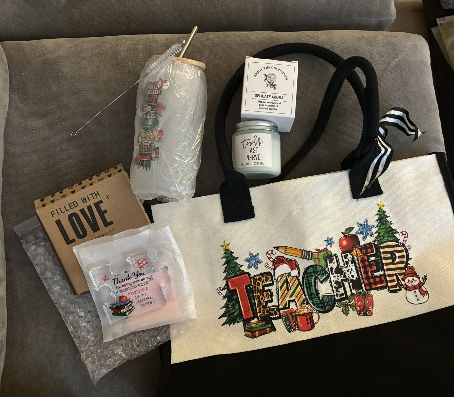 New Teacher Gift Set - Candle, Tote Bag, Puzzle And Drinking Glass Bottle/Tumbler
