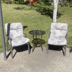 Outdoor Metal arm chairs with cushions and side glass top table - 3 piece furniture set