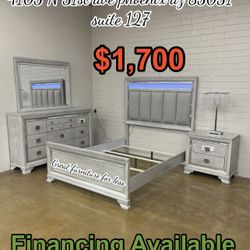 4 PCs Queen Size Led Bedroom Set Grey Wood Brand New