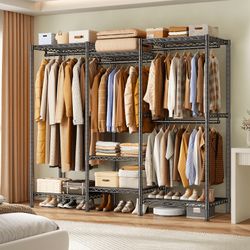 Wire Garment Rack,Adjustable Metal Closet Organizer,Heavy Duty Clothes Rack with 4 Rods & 7 Storage Shelves,77"H x 69"W x 16"D,Black