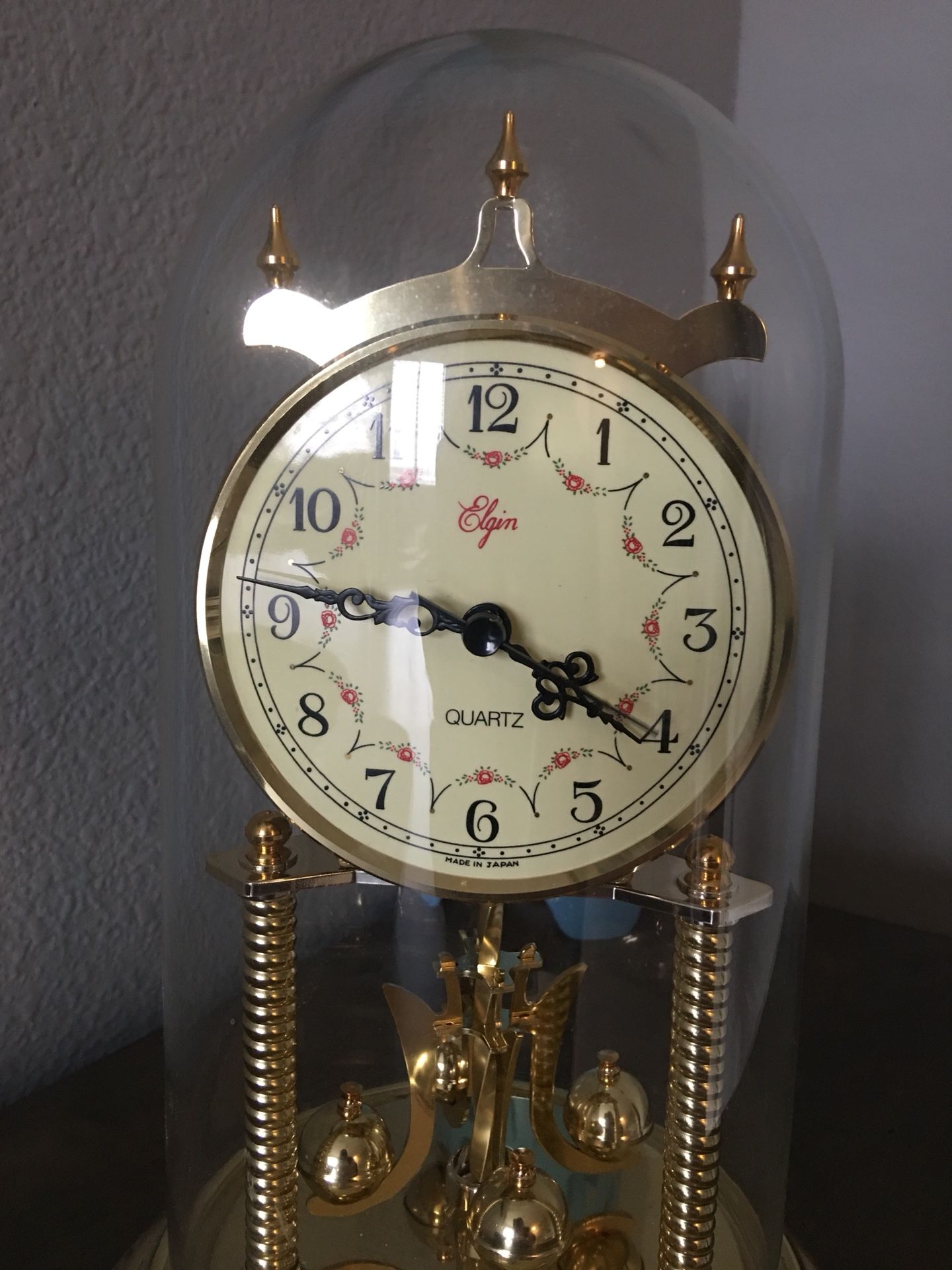 Elgin Brass Anniversary Clock Glass Dome Quartz Mantle Clock Made