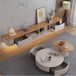 Floating TV Stand Wall Mounted TV Cabinet Floating Shelves with Door Entertainment Media Console Solid Wood Modern Living Room Round Corner TV Stand (