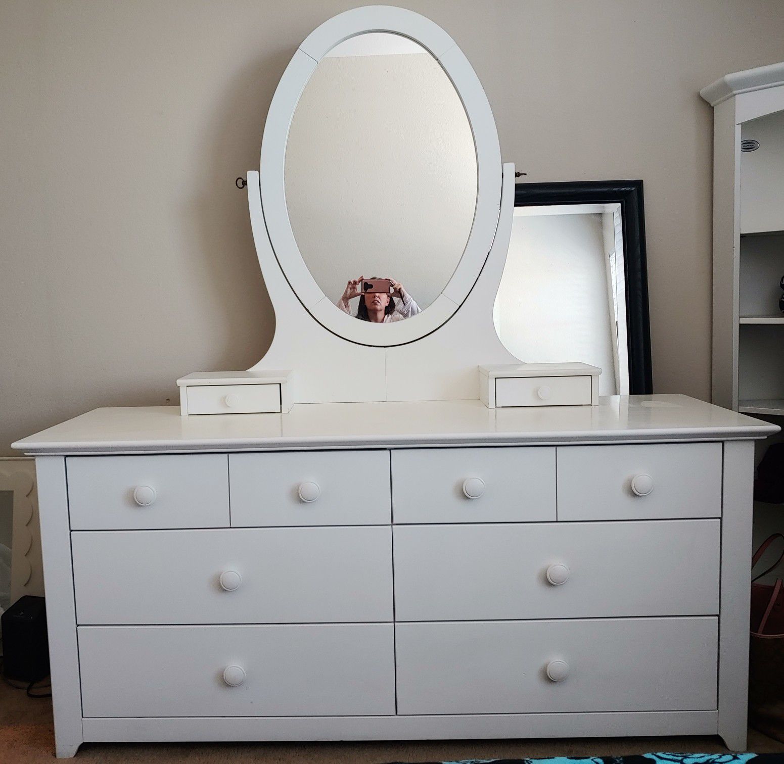 6 drawer dresser with detachable mirror. Solid wood. 65" × 21.5