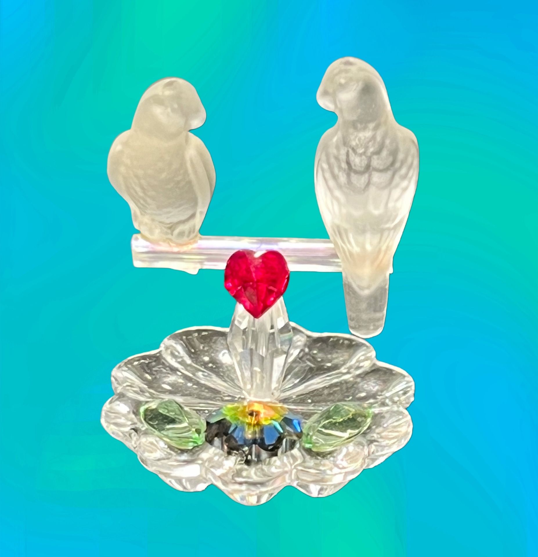 Vintage 1990s Crystal Lovebirds With Heart And Flower, 1.5”