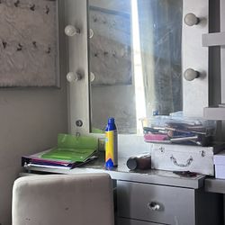 Vanity mirror, Shelves, Chair And Fuzzy Frame