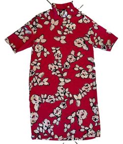 Zara Basic Floral High Neck Short Sleeve Shift Dress red White Small