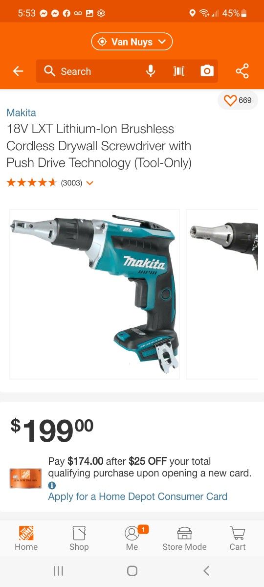 Makita 18V LXT Brushless Cordless Drywall Screwdriver with Push Drive Technology (Tool-Only) $135