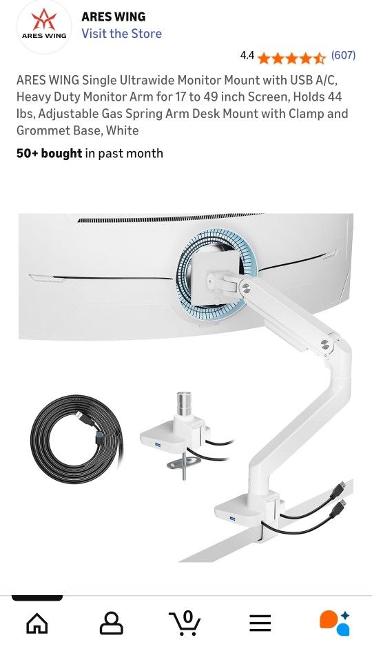ARES WING Single Ultrawide Monitor Mount with USB A/C, Heavy Duty Monitor Arm for 17 to 49 inch Screen