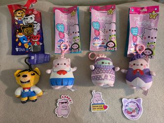 Three Pembe Plush Clips with Stickers & Deddy Bear- from a pet & smoke free home