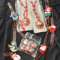 14 Piece Christmas Gifts- Light Up Santa And Snowman Costume Jewelry- New Pin, Necklace & Wristbands Gifts