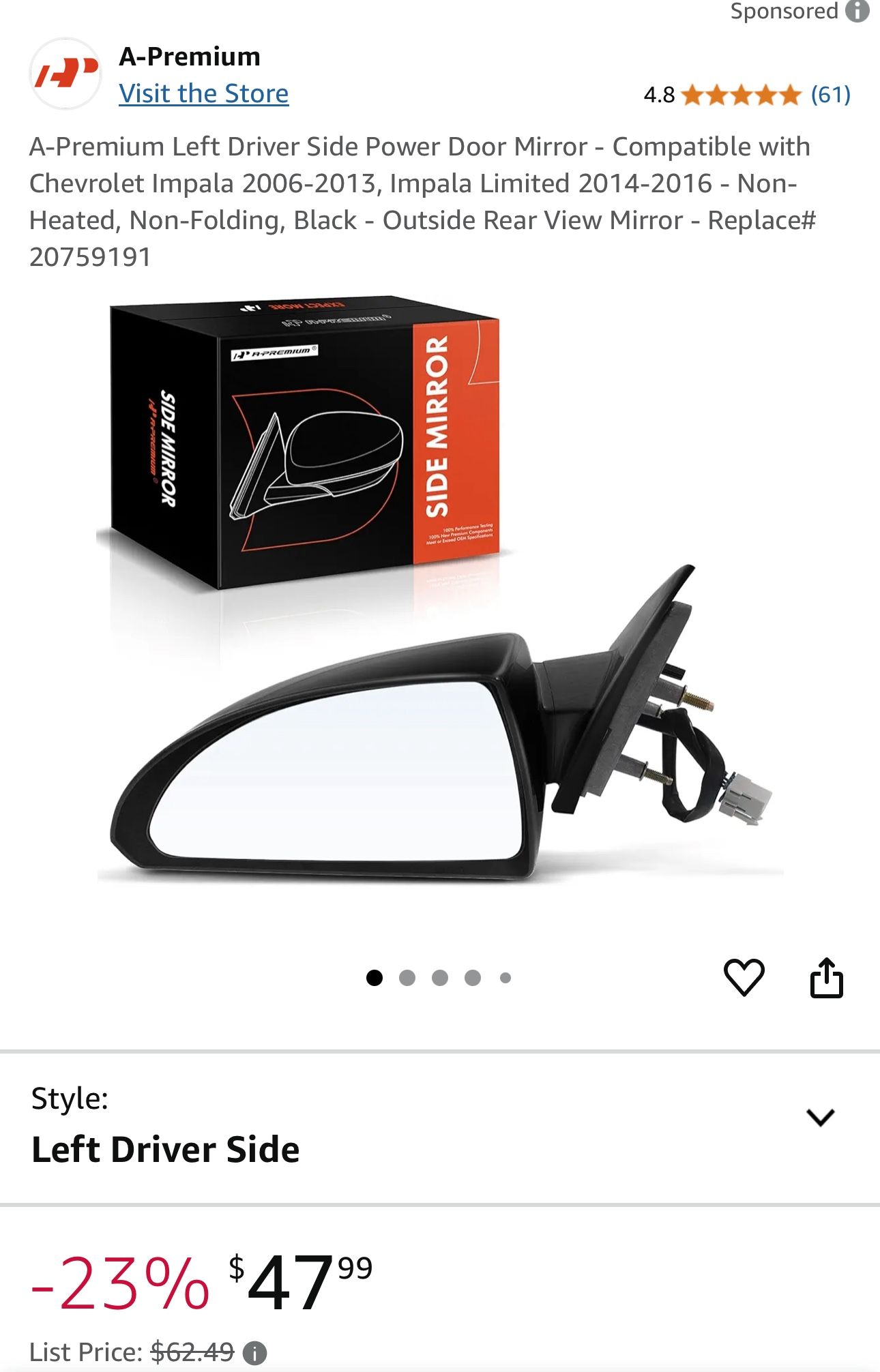 A-Premium Left Driver Side Power Door Mirror - Compatible with Chevrolet Impala 2006-2013, Impala Limited 2014-2016 - Non-Heated, Non-Folding, Black -