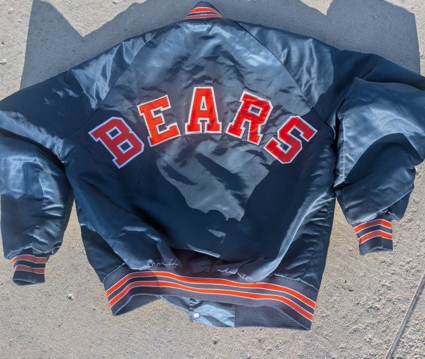 Vintage 1980s Chicago Bears Men's Large Chalk Line Blue Satin Football Varsity Jacket 