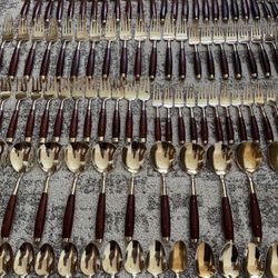 RARE  Mid-Century Rosewood and Bronze Flatware Set-Service for 12 plus 11 serving pieces 
