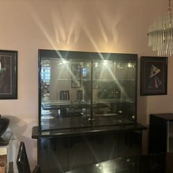 90s Vintage Black Lacquer Lighted China Cabinet