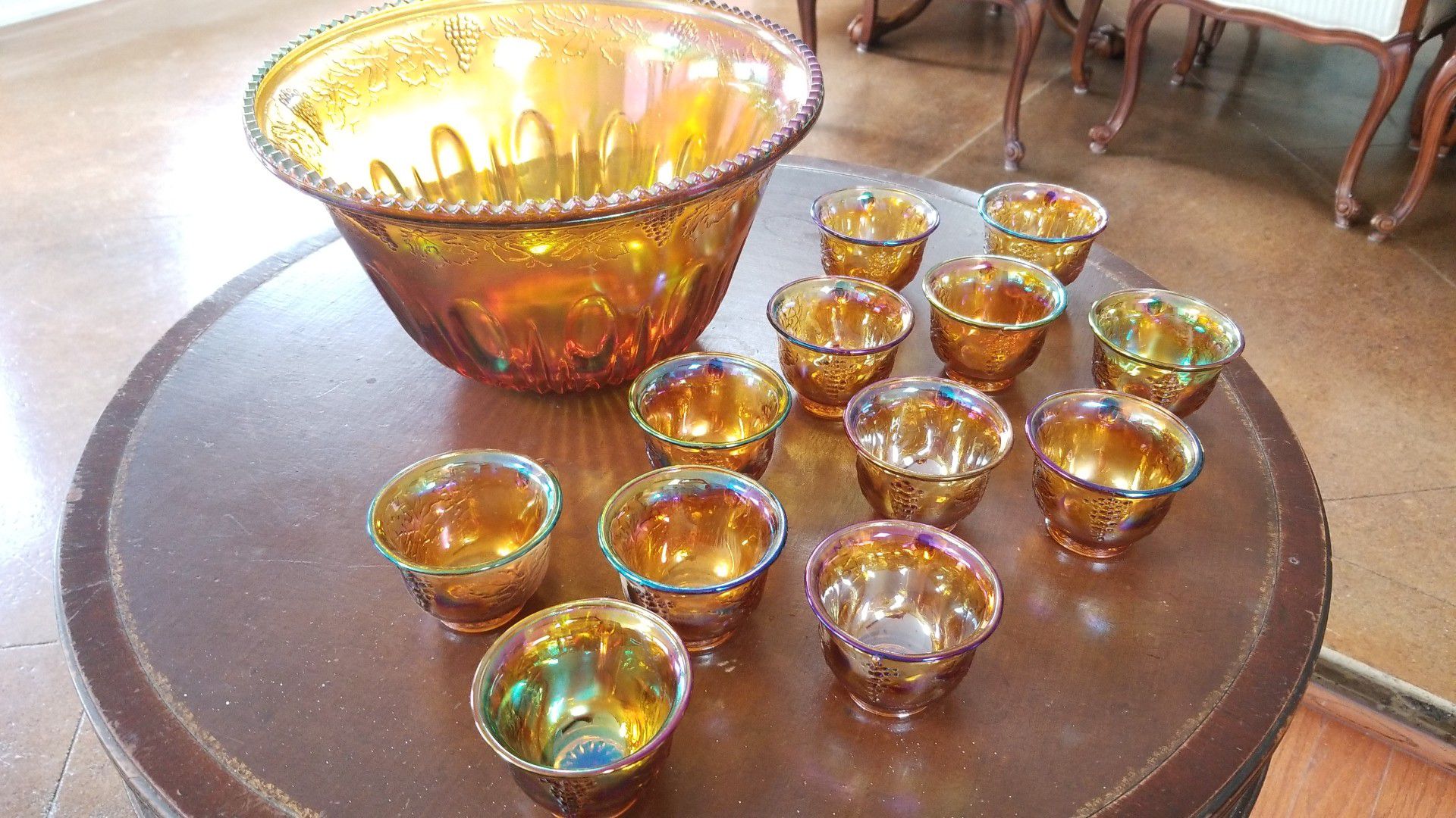 Indiana Glass Marigold - Gold Carnival Princess Harvest Grape Punch Set Bowl and 12 Cups
