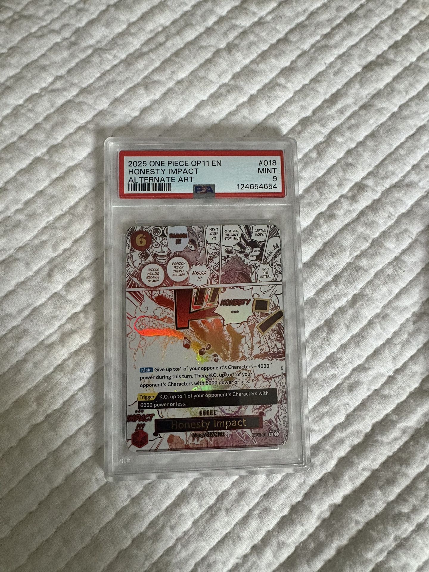 2025 ONE PIECE OP11-018 HONESTY IMPACT ALTERNATE ART EVENT KOBY ENGLSIH PSA 9