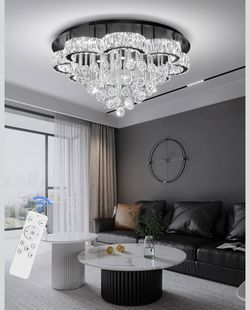 Flashing God W32in Modern Black Chandeliers Crystal Raindrop Ceiling Lighting Fixture Flush Mount Chandelier for Living Room Hallway Dining Room Kitch
