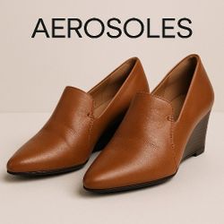 Aerosoles Women’s Leather Wedge Loafers Size 8 | Brown Slip-On Comfort Shoes | Pointed Toe Dress Work Shoe