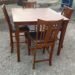 Wooden Table And Four Chairs - Leather Seats 