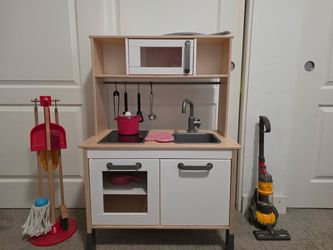 IKEA DUKTIG Kids Play Kitchen, Melissa & Doug cleaning set and Dyson Toy Vacuum bundle