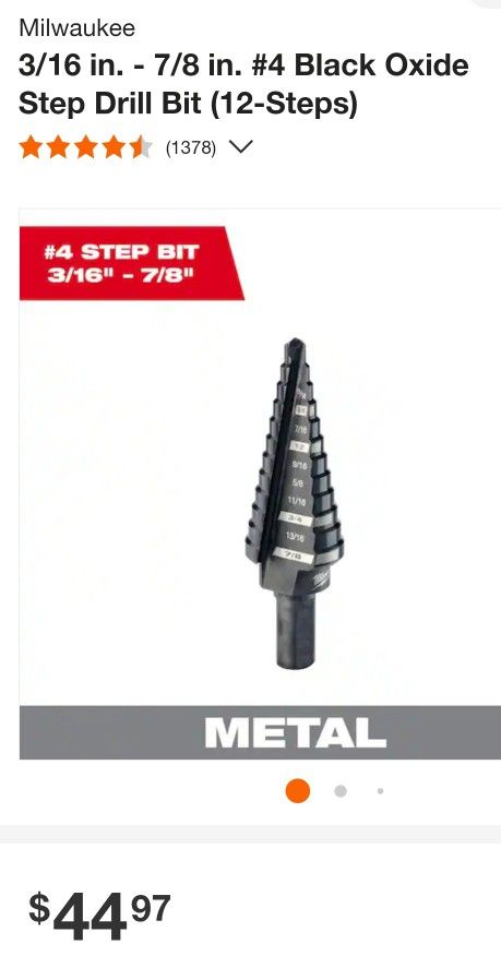 4 X Milwaukee
3/16 in. - 7/8 in. #4 Black Oxide Step Drill Bit (12-Steps)