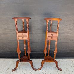 Pair of Vintage Wooden Plant Stands with Drawers